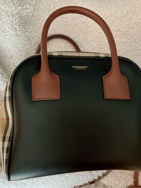 Burberry Black Leather Dome Satchel with Brown Handles and Check Trim